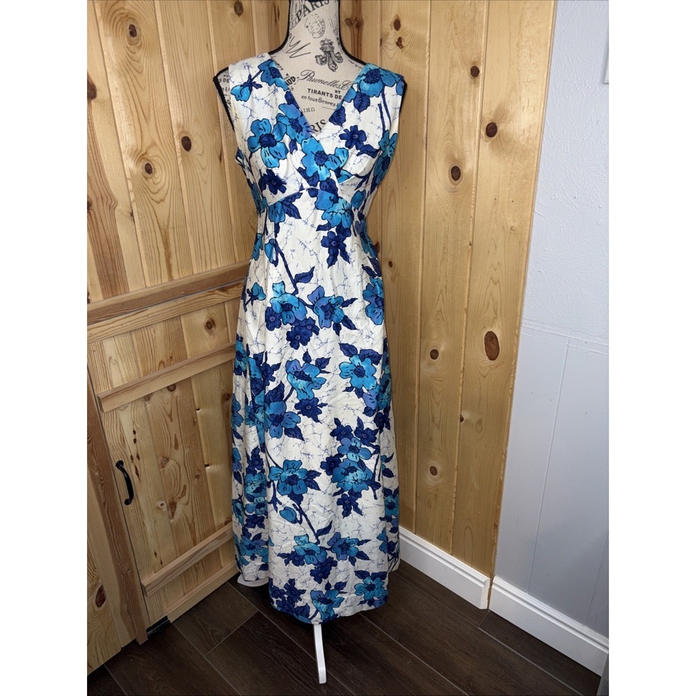Vintage 60s Waltah Clarke Hawaiian Maxi Dress Size 7/8 Blue Floral Honolulu